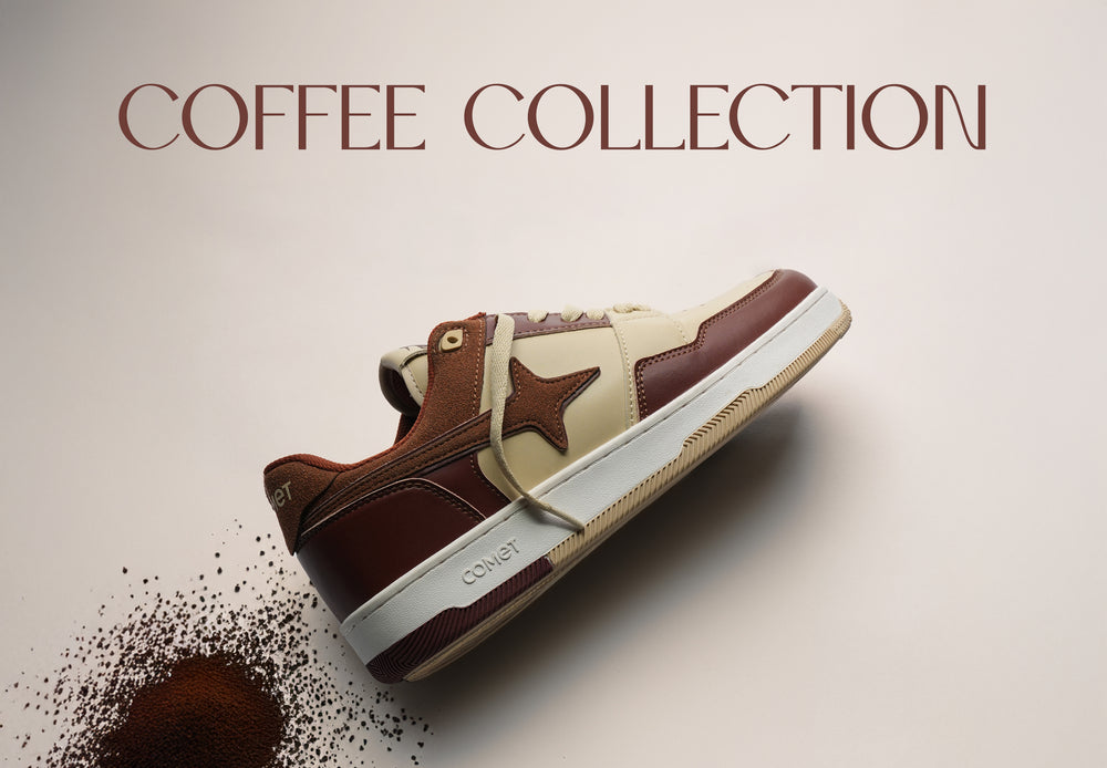 Sneaker with brown and white design on a beige background with 'COFFEE COLLECTION' text.